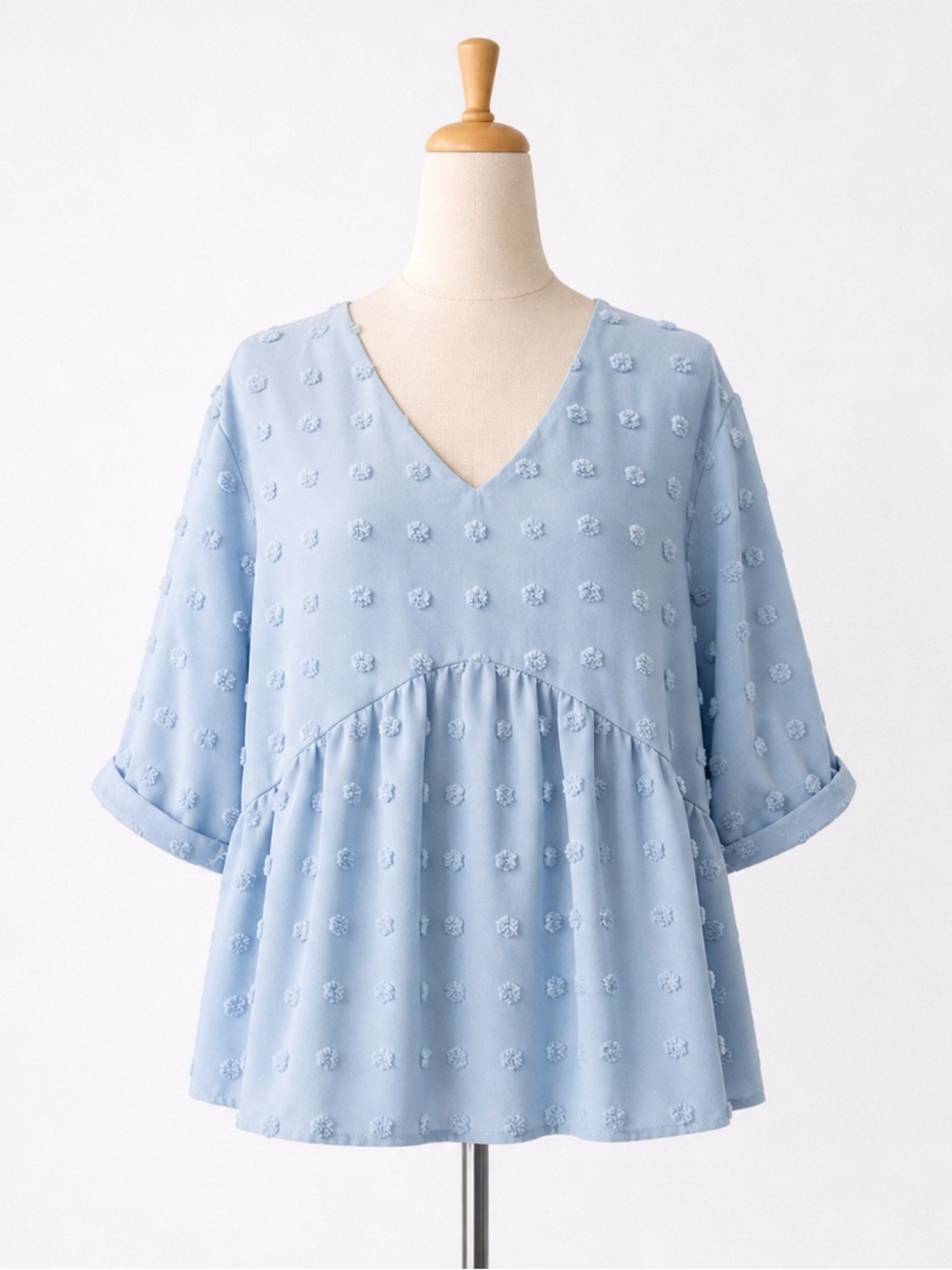 🌼 3/$15 Light Blue Swiss Dot Babydoll V Neck Blouse 1XL